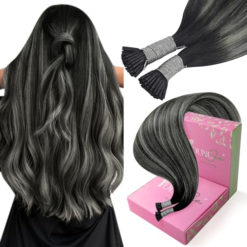 Image of YoungSee I Tip Extensions 24 Inch, I Tips Hair Extensions Real Human Hair, Black Balayage Silver, Itip Hair Extension, 50 Strands 50g, for Women, Long Hair
