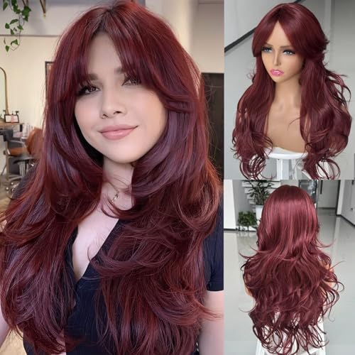 Aisaide Long Wavy Burgundy Wig Red Layered Wig with Curtain