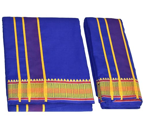 Image of TUNI MANI Men's Panchakacham Dhoti with Angavasthram with Zari Border, Cotton, Size: 9 X 5 (4.0mtr Dhoti, 2.25mtr Towel)