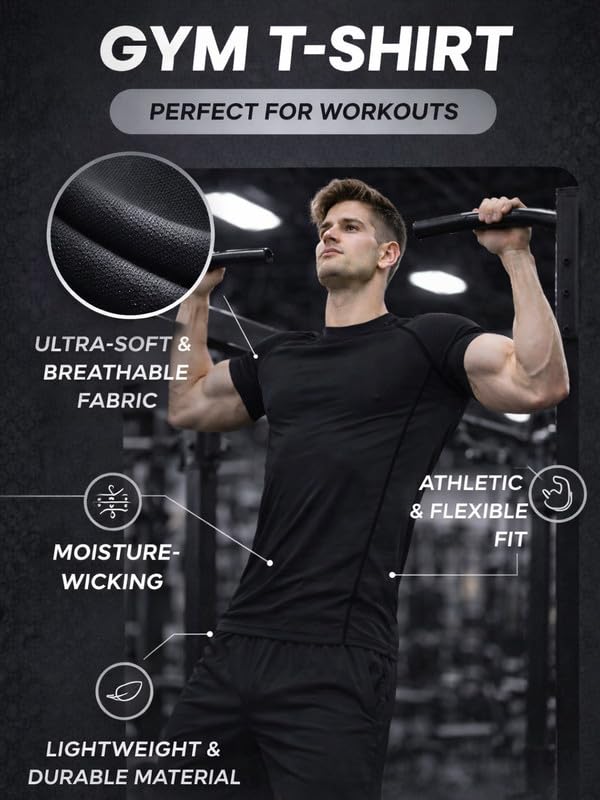 Friskers Men Compression T-Shirt Slim Fit | Gym & Sports Wear for Men | Quick Dry Stretchable Polyester | Workout, Running, Training Half Sleeve Tshirt Dark Black 4