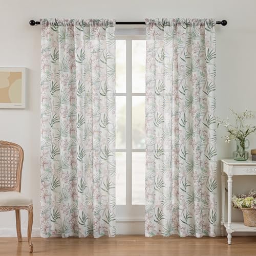 Image of SUOUO Green Tropical Palm Leaf Semi Sheer Curtains 84 inches Long Linen Textured for Living Room Patterned Red Floral Window Drapes for Dining Bedroom 2 Panels
