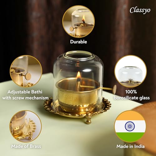 Image of Classyo Brass Akhand Diya with Adjustable Bati, with Screw Lever for Puja, Borosilicate Glass (4 inch, 180 ml Oil Capacity)