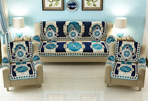 Image of SAWNA Homes Chenille Sofa Cover with Cushion Cover- 3+1+1 Sofa Covers Back 5 Seater Slipcovers for Home - 3 Seater & 2 Seater Protector Panels for Sofa Couch, 16 Piece, Light Sky