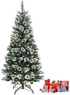 GYMAX 5FT/6FT/7FT Artificial Christmas Tree, Premium PVC Pine Tree Mixed Pine Needles and Red Berries, Xmas Home Decoration with Foldable Iron Base for Indoor & Outdoor (7FT)