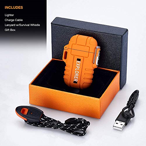 Usb Rechargeable Dual Arc Plasma Lighter - Windproof And Waterproof Flameless Electric Lighter With Emergency Whistle For Outdoor Adventures, Survival, Tactical And Camping (Orange) #TOP5