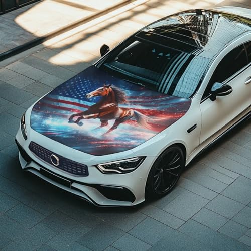 Image of Car Hood Cover Car Hood Protector American Flag Horse Waterproof Universal Automotive Exterior Accessories Patriotic Decorations for Compact Vehicles Sedans Trucks SUVs Pickup (59x39 Inch)