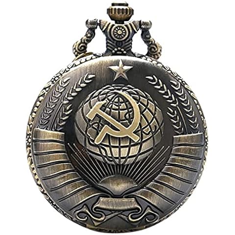 Antique USSR Soviet Sickle Hammer Quartz Pocket Watch Necklace Chain Mens Pendant Bronze Cover