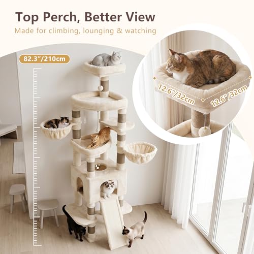 Image of Heybly Cat Tree, 82.7″ Extra Tall Cat Tower for Large Cats Adult HCT063MJ | Giant Cat Condo with Multi-Level Platforms, 2 Baskets, Spacious Cat Cave, Wide Sisal Scratching Board, Beige