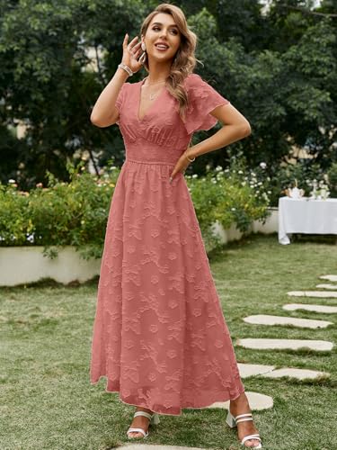 Image of Simplee Women's Boho Floral Maxi Dress Flowy Casual V Neck Short Sleeve Wedding Guest Holiday Beach Long Dress