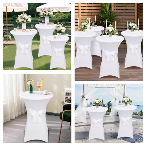Alishomtll 6er Set Stehtisch Hussen mit Schleife, Ø70cm Stretch Stehtischhussen, Elegante Elastische Tisch-Überzug Hussen für Bistrotisch Runde Stehtisch Bankett Hochzeit (Ø70x110cm, Weiß)