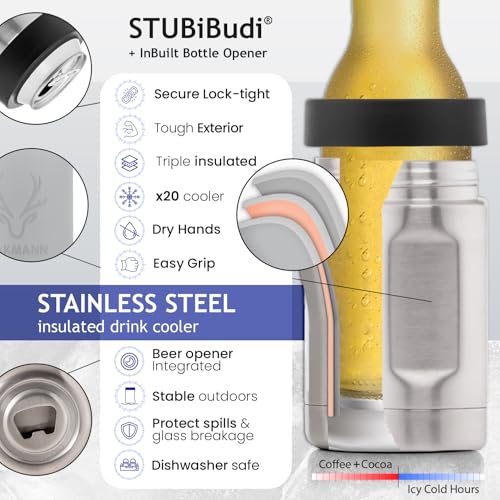 Image of Stainless Steel Beer Cooler With Bottle Opener, Vacuum Insulated Can Cooler 12 oz for Bottles Cans, 4-in-1 Universal Insulator Coozy for Bottles Cans, Beer Gifts for All (Mist Grey)