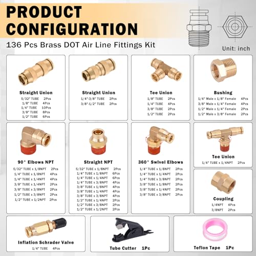 Image of CheeMuii 136 PCS Brass DOT Air Line Fittings Kit Push Lock DOT Air Fittings Push to Connect Fittings 1 /8 inch 1 /4 inch 3 /8 inch 1 /2 inch Quick Connect Air Hose Fittings Assortment for Air Line Air Hose