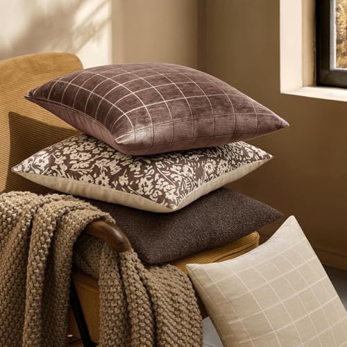 Image of MIULEE Reddish Brown Plaid Fall Decor Throw Pillow Covers 24x24 Set of 2 | Vintage Check Chenille Couch Pillows Boho Farmhouse Cushion Covers Modern Fall Home Decor for Sofa Bed Living Room