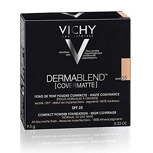 Vichy Dermablend Fondotinta Covermatte Uniformante, Base Viso in Polvere ad Alta Coprenza, Pelle Radiosa e Imperfezioni Nascoste, Per Pelli a Tendenza Acneica, Tonalità: 35, 10 gr
