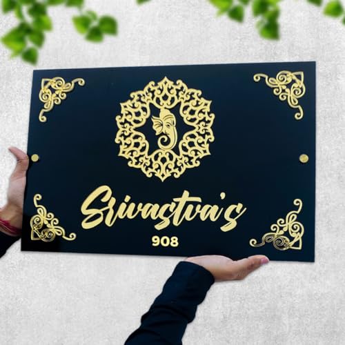 Image of BEE CREATIVE Laser Cutting Customise Acrylic Design Name Plate for Home, Office & Outdoor Entrance (Ganpati) | Acrylic Name Plate for Main Door, Outdoor Name Board, Stylish Design for Flat, Apartments