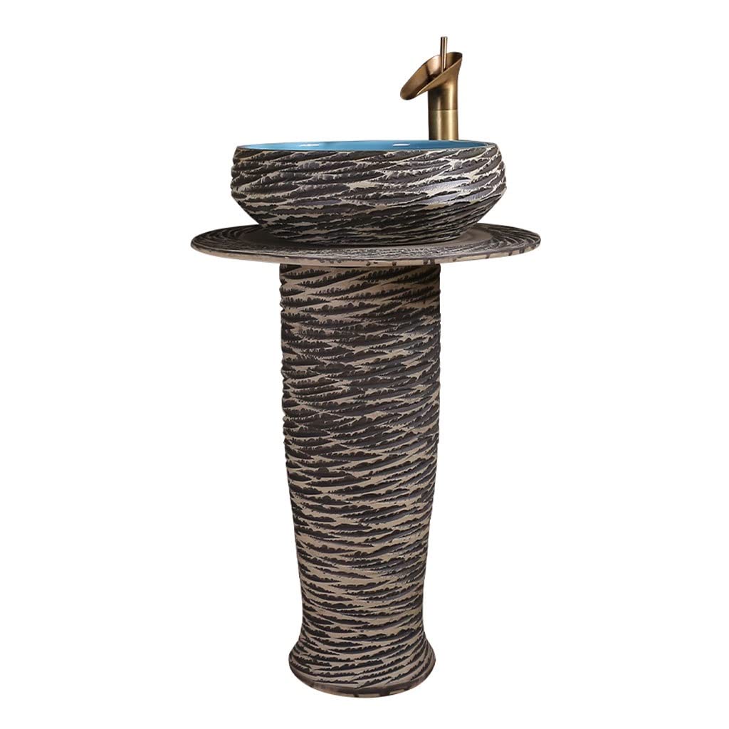 NEBE Bathroom Sink Pedestal Sink Ceramic Washbasin Stone Pattern Basin Retro Integrated Freestanding Bathroom