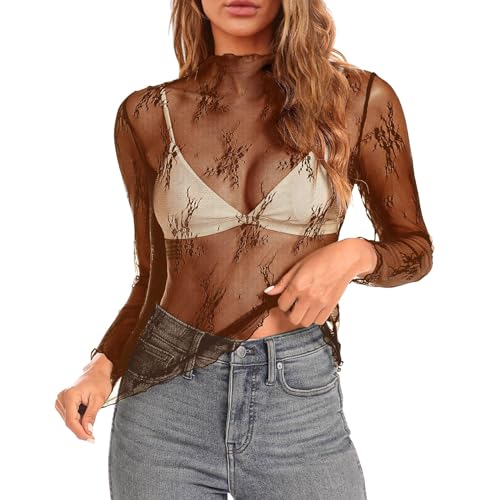Camiseta de mangas tres cuartos para mujer con tejido de malla, cuello alto, bordado de flores, blusa transparente de Oktoberfest, marrón, XL