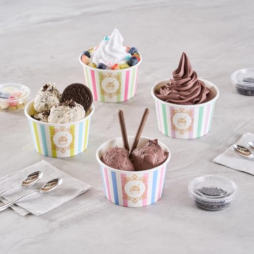 Image of Coppetta 8 Ounce Dessert Cups, 200 Greaseproof Ice Cream Cups - Lids Sold Separately, For Hot And Cold Foods, Pink And Blue Stripe Paper Yogurt Bowls, Disposable, Sturdy - Restaurantware