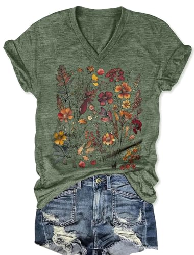 Women's T-Shirts V-Neck Boho Flowers Wildflowers Graphic Tees Shirts Cute Casual Summer Tops Short Sleeve T Shirt