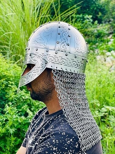 Medieval Viking Battle Helmet with Celtic Etched Design, Polished Steel, Chainmail, LARP Costume Armor, 18 Gauge, 26.5 Inch (Style - 1)