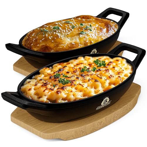 KAISERTAL Servierpfanne Gusseisen 15x10 cm – Pfanne mit 2 Griffen & Holzuntersetzer – Servierpfanne Klein Induktion – Gusseiserne Gusspfanne oval für Backofen & Grill (Oval 2 Stück)