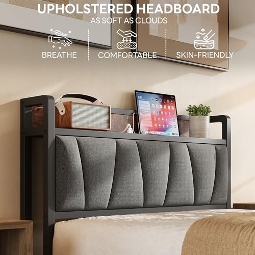 Image of LIKIMIO Twin Bed Frames, Storage Headboard with Charging Station, Solid and Stable, Noise Free, No Box Spring Needed, Easy Assembly
