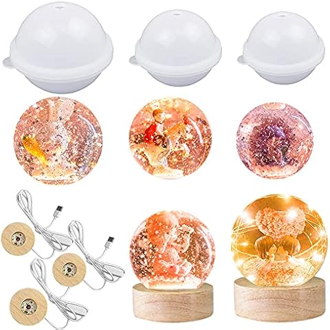 Keyzone 3Pcs Large Sphere Orb Light Resin Moulds,LED Round Silicone Moulds for Resin,Crystal Lamp Resin Silicone Moulds with Wooden Lighted Base Stand for Resin Art,Home Decor Cover