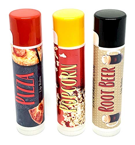 Lickerlips Nut-Free Lip Balm - Pizza Popcorn Root Beer Flavors - Hydrating Lip Balm with Beeswax and Avocado Butter - Moisturizer Lip Care for Dry Lips - 0.15oz tube (Pack of 3)