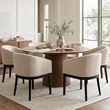 RIVOVA Mid-Century Modern Beige Dining Chairs Set of 6, Linen Upholstered Kitchen Dining Room Chairs with Black Wood Legs, Curved Backrest Armchairs, Beige