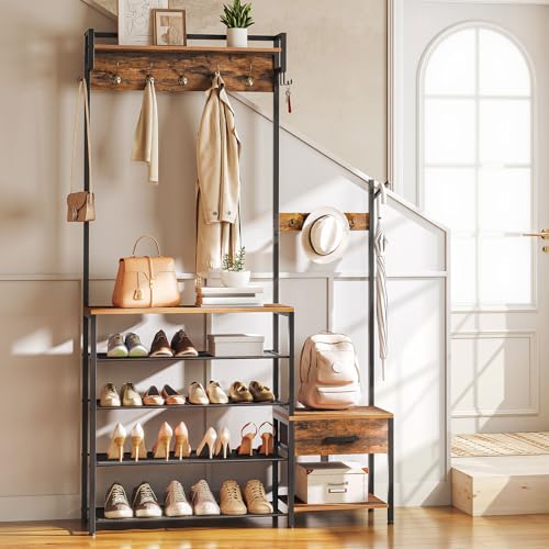 HOOBRO-Hall-Tree-Entryway-Coat-Rack-Shoe-Bench-Shoe-and-Coat-Rack-for-Entryway-Hall-Tree-Coat-Rack-with-Non-Woven-Fabric-Drawer-for-Entrance-Foyer-Rustic-Brown-and-Black-BF113MT01
