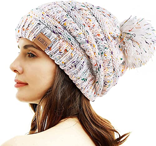 REDESS Women Winter Pom Pom Beanie Hat with Warm Fleece Lined, Confetti White