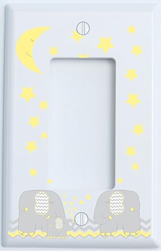 Placa de interruptor de luz de elefante amarillo con luna amarilla y estrellaselefante decoración de guardería con cheones grises y amarillos