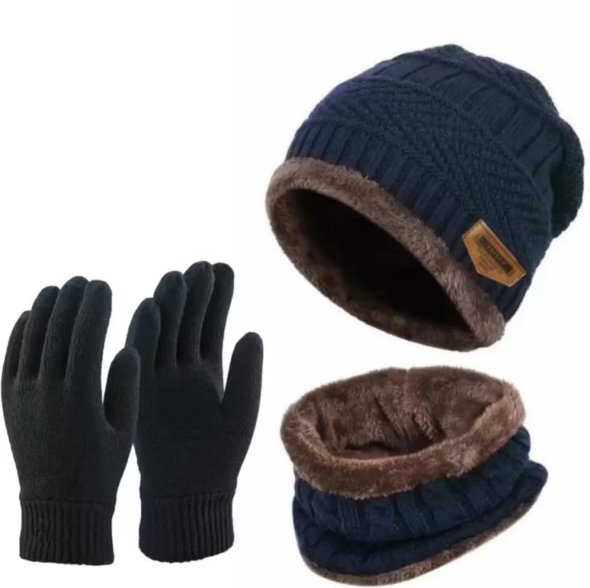 Body Liv Men’s & Women’s Snow Proof,Inside Fur, Warm Woolen Cap with Neck Muffler & Gloves/Neck Warmer/Scarf/Gloves for Winters – Free Size