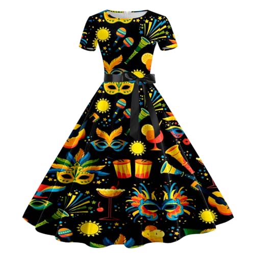 Damen Karneval Kleid Vintage 50er Jahre Rockabilly Kleid Kurzarm A-Linie Partykleid Bunt Masken Druck Faschingskostüm Outfit mit Gürtel