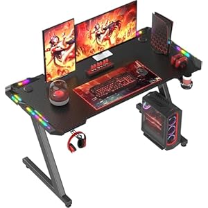 Homall Gaming Desk with LED Lights, 120 x 60cm RGB Gaming Table Z Shape, Large Computer Desk with Headphone Hook and Cup Holder, Gamer Table for Home Office, Black