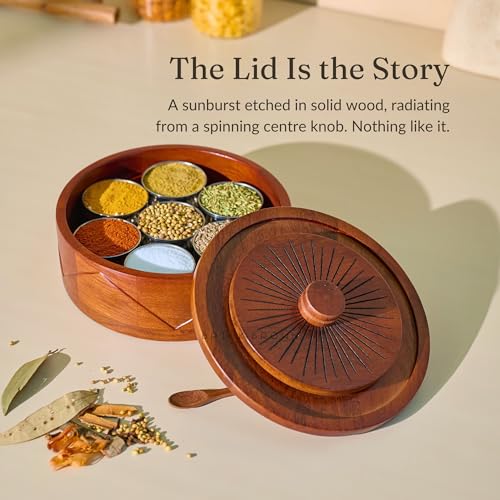 Image of Brick Brown Roule Wooden Masala Box with Lid | Hand-Carved Spice Box Organizer with 7 Stainless Steel Containers & Wooden Spoon | Solid Wood Masala Dani Spice Storage Box for Kitchen (8.3x4.3 Inch)