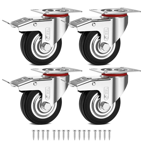 GBL Ruedas Giratorias para Trabajo Pesado con 4 Frenos + Tornillos - 75mm hasta 200kg - Paquete de 4 Ruedas Silenciosas sin Marcas en el Suelo para Muebles - Ruedas Recubiertas de Goma - Plateadas