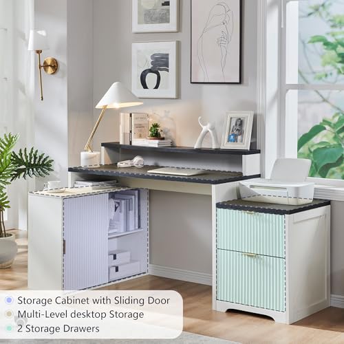 Image of 67 inchFluted Desk with Cabinet & 2 Drawers, Modern Office Desk Built‑in Outlet | Wood Home Office Desk, storage cabinet with sliding doors, Fluted Computer Writing Desk, Antique White