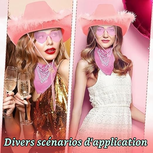 MALLOOM 6 Chapeaux Cowgirl Roses avec 6 Bandanas et 6 Lunettes en Forme de Cœur – Accessoires de Déguisement Western pour Femmes – Fête de Bachelorette