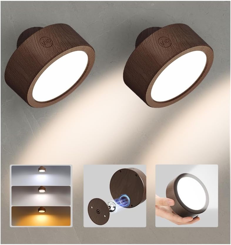 EZVALO LED Wall Mounted Light, 3000mAh Rechargeable Cordless Wall Sconce, Dimmable with Remote & Touch Control, 3 Color Temps, 360° Rotatable for Bedroom, Bedside, Reading(Walnut, 2Pack)