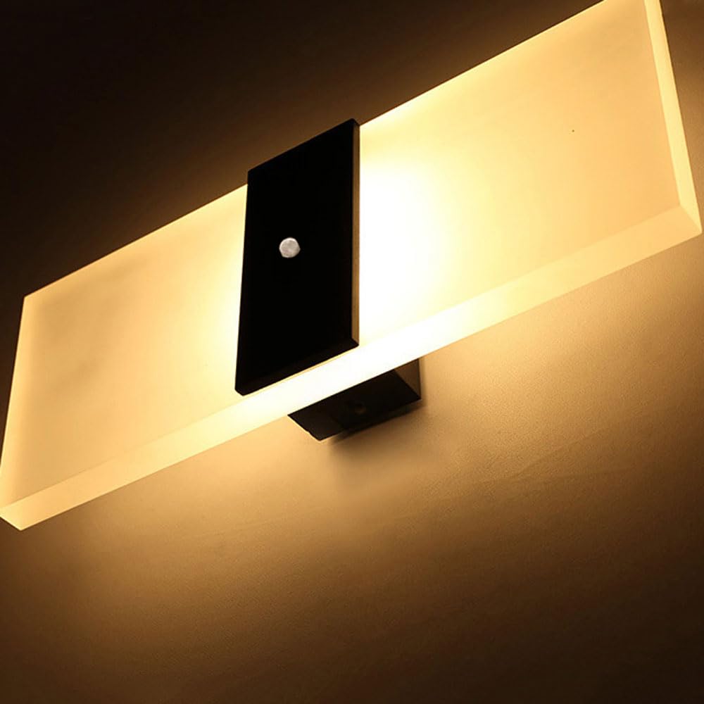 Aplique de Pared LED Rectangular Negro con Detector de Movimiento, 12 W, 3000 K/6000 K, Ideal para pasillos, escaleras y entradas de hoteles. Lámpara de Pared de 6000 K.
