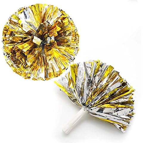 AMONENZ Cheerleading Pom Poms 2 Pcs Straight Handle Style Metallic Foil Pom Poms, Cheering Hand Flowers, for Sports Cheers, Dance Fancy Dress Night Party Cover