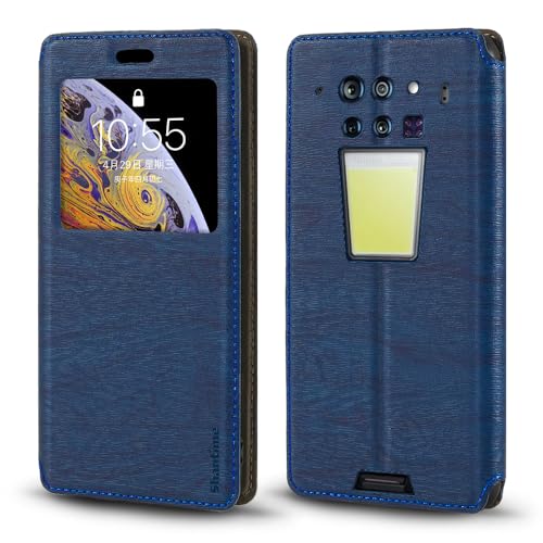 Shantime for Unihertz 8849 Tank 3 Case, Wood Grain Leather Case with Card Holder and Window, Magnetic Flip Cover for Unihertz 8849 Tank 3 (6.79”), Blue