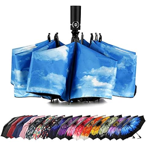 Umbrella Reverse Travel Umbrellas Windproof Compact Folding - Blue Sky Clouds Cover