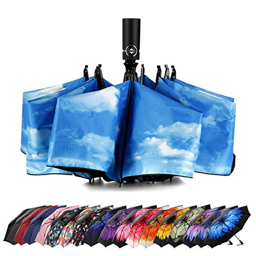 Umbrella Reverse Travel Umbrellas Windproof Compact Folding - Blue Sky Clouds