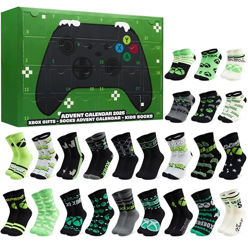 Get Trend Xbox Calendario Adviento 2025 con 24 Pares Calcetines Originales para Niños Adolescentes, 35-40, Diseños Videojuegos Divertidos (Verde Xbox)