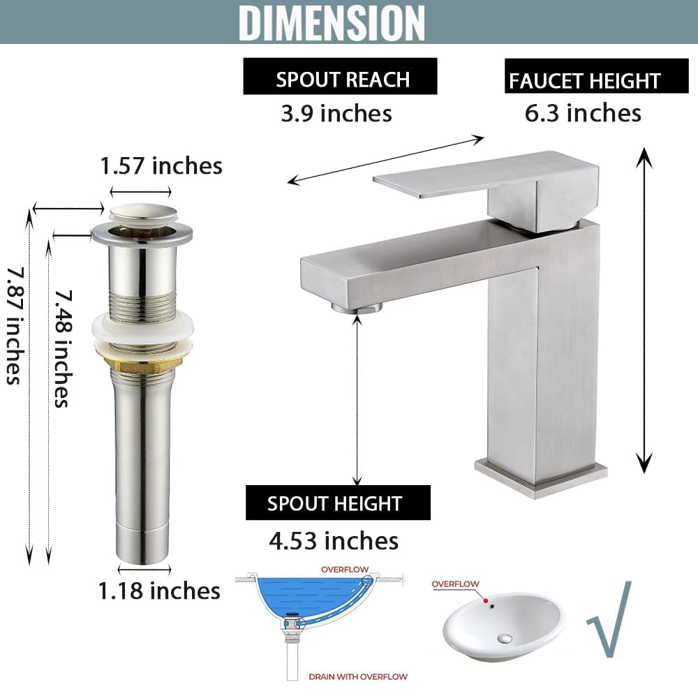 BF011L - Grifo de lavabo de baño, grifo de baño de un solo agujero, níquel cepillado con drenaje desplegable y líneas de suministro, BF011L