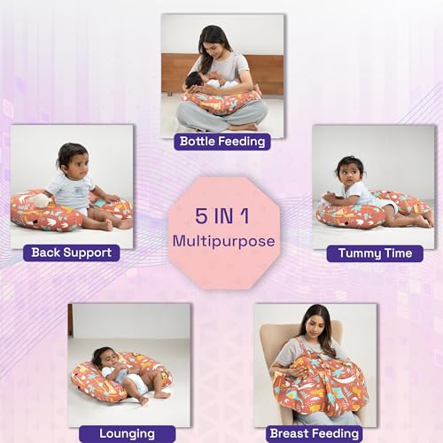Image of Wakefit Nursing Pillow with Cape for Breastfeeding & Baby Care | 5 in 1 Feeding Pillow with 100% Cotton Removable Cover | Super Soft & Machine Washable | Jungle Zoo