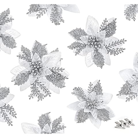 Agoer 16 Pieces Christmas Glitter Poinsettia Flowers - Artificial Christmas Flowers Decorations Wedding Xmas Tree New Year Ornaments (Silver) Cover