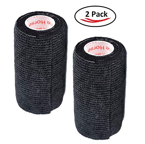 Image of Vet Wrap Tape (Black) (2 Pack) (4 Inch x 15 feet) Self Adhesive Adherent Adhering Cohesive Flex Self Stick Bandage Grip Roll Dog Cat Pet Horse